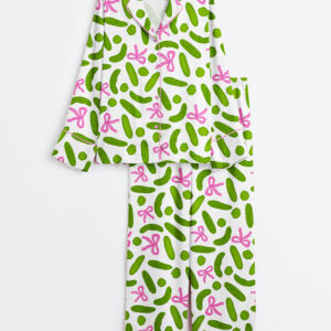 Women's Trendy Pickle Girly Coquette Pickles And Bows Long Sleeve Satin Pajamas Set