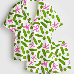 Womenâ€™s Trendy Pickle Girly Coquette Pickles And Bows Short Sleeve Satin Pajama Set