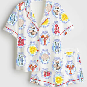 Womenâ€™s Trendy Summer Beach SeaShell Coastal Aesthetic Tomato Girl Oyster Bachelorette Short Sleeve Satin Pajama Set