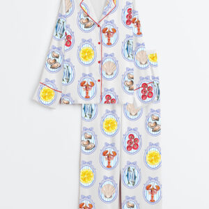 Womenâ€™s Trendy Summer Beach SeaShell Coastal Aesthetic Tomato Girl Oyster  Long Sleeve Satin Pajama Set