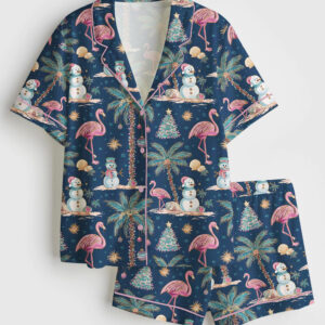 Women's Tropical Beach Christmas Flamingos Palm Trees Snowmen Coastal Holiday Short Sleeve Satin Pajama Set