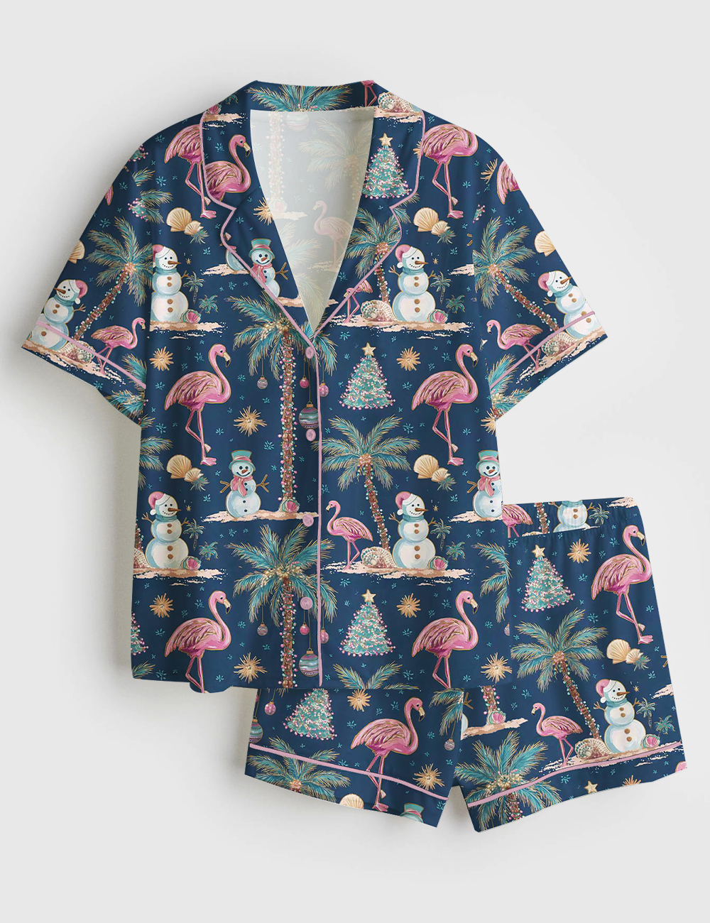 Womenâ€™s Tropical Beach Christmas Flamingos Palm Trees Snowmen Coastal Holiday Short Sleeve Satin Pajama Set