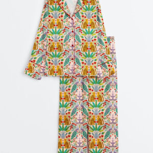 Women's Tropical Bohemian Leopard Peacock Floral Art Print Long Sleeve Satin Pajama Set