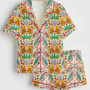 Womenâ€™s Tropical Bohemian Leopard Peacock Floral Art Print Short Sleeve Satin Pajama Set