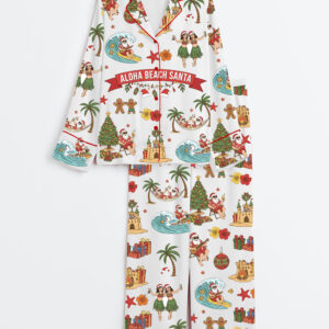 Womenâ€™s Tropical Christmas Aloha Beach Santa Holiday Long Sleeve Satin Family Pajama Set