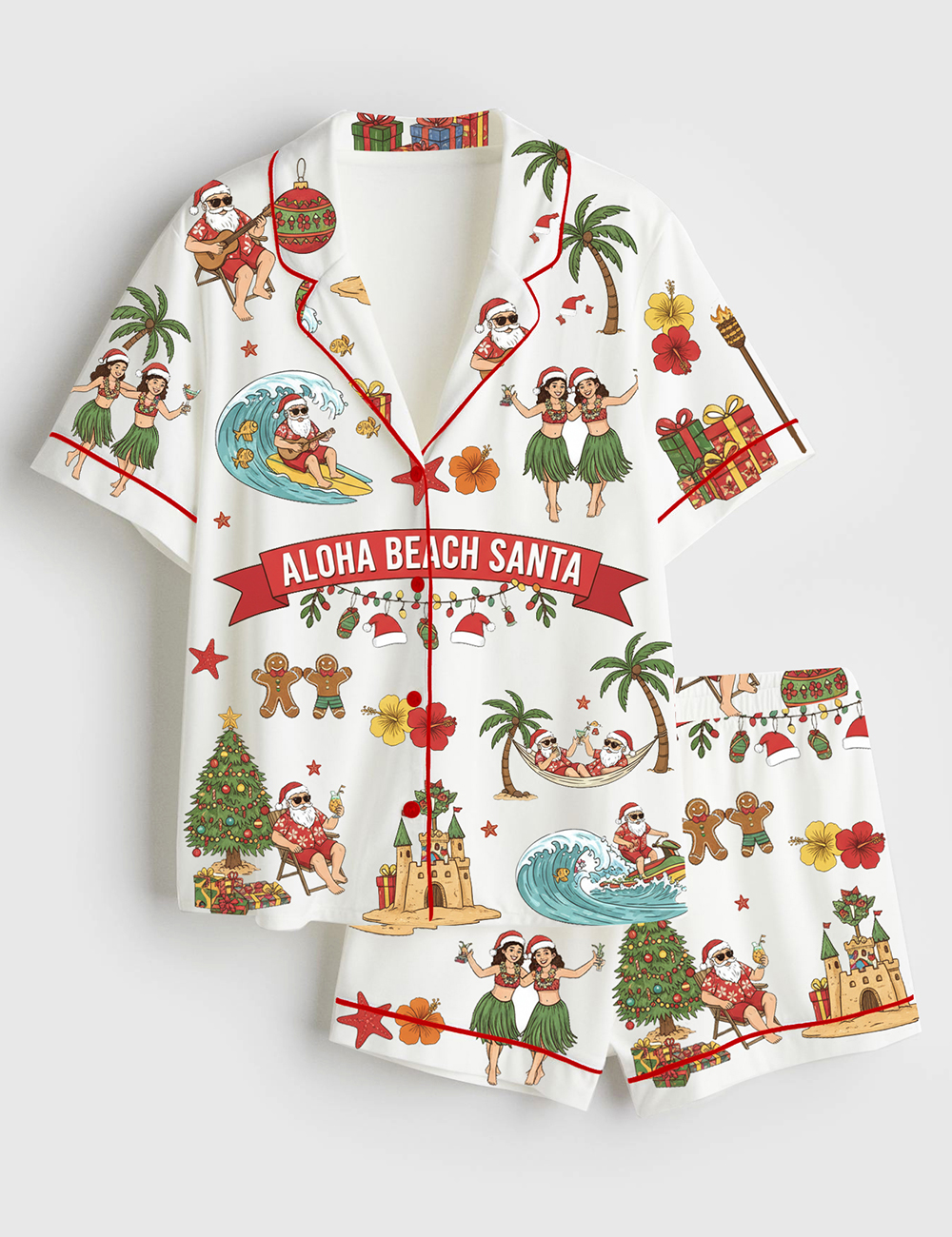 Womenâ€™s Tropical Christmas Aloha Beach Santa Holiday Short Sleeve Satin Family Pajama Set