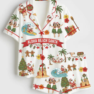 Women's Tropical Christmas Aloha Beach Santa Holiday Short Sleeve Satin Family Pajama Set