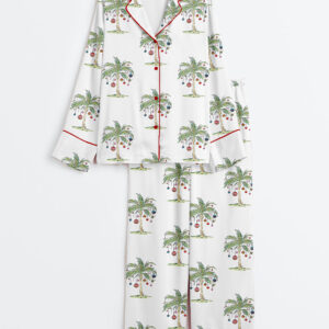 Womenâ€™s Tropical Christmas Aloha Holiday Beach Santa In July Hawaiian Print Long Sleeve Satin Pajama Set