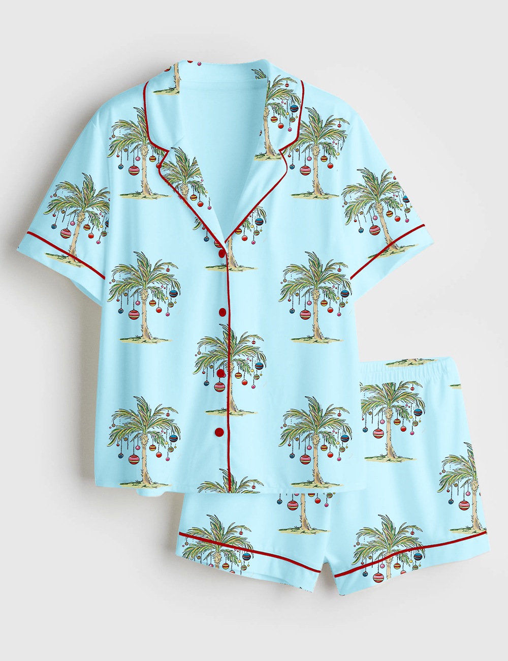 Women's Tropical Christmas Aloha Holiday Beach Santa In July Hawaiian Print Short Sleeve Satin Pajamas Set - Image 3