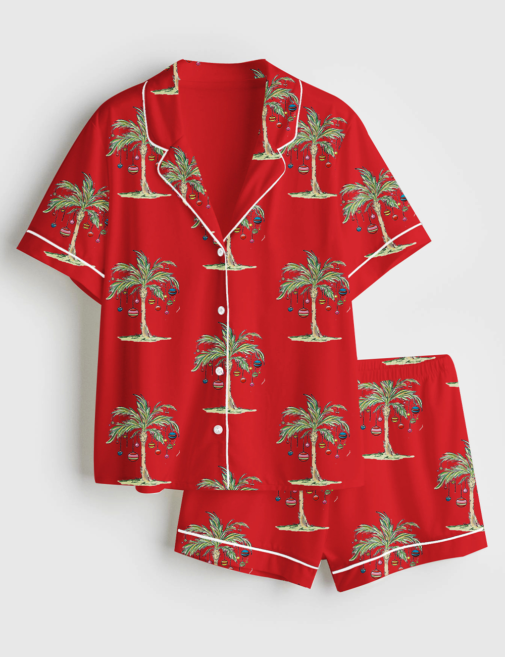 Women's Tropical Christmas Aloha Holiday Beach Santa In July Hawaiian Print Short Sleeve Satin Pajamas Set - Image 4
