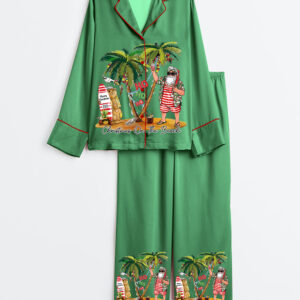 Women's Tropical Christmas Beach Hawaiian Xmas Santa HoHoHo Long Sleeve Satin Family Pajamas Set