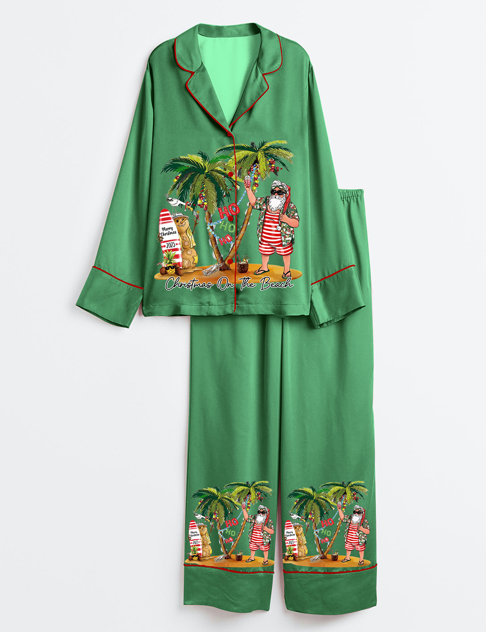 Women's Tropical Christmas Beach Hawaiian Xmas Santa HoHoHo Long Sleeve Satin Family Pajamas Set