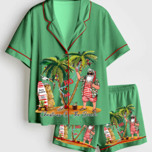 Womenâ€™s Tropical Christmas Beach Hawaiian Xmas Santa HoHoHo Short Sleeve Satin Family Pajama Set