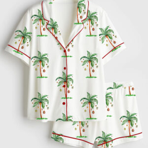 Women's Tropical Christmas On The Beach Hawaii Holiday Short Sleeve Satin Pajama Set
