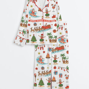 Women's Tropical Christmas Santa Hawaiian Aloha Holiday Long Sleeve Satin Family Pajamas Set