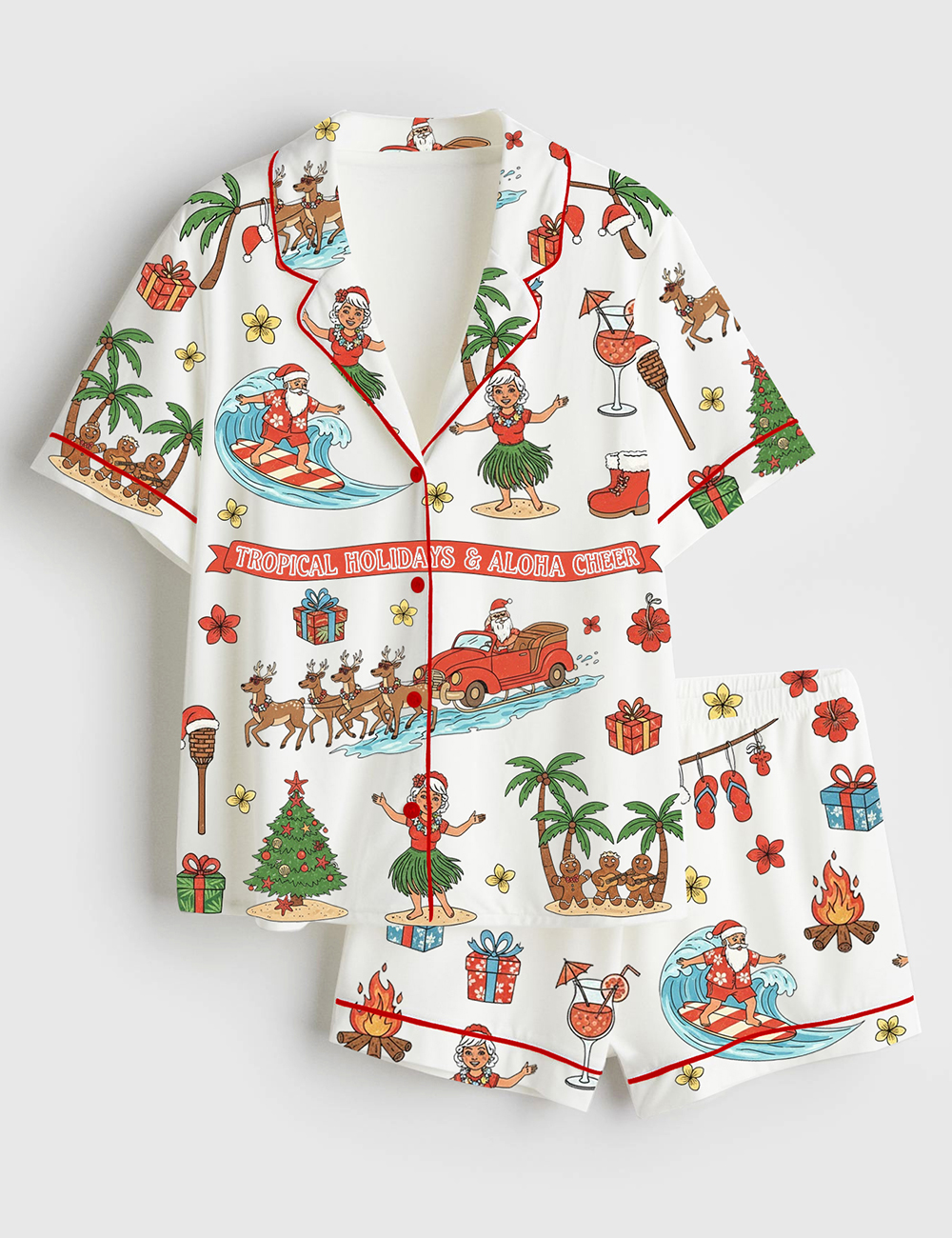 Womenâ€™s Tropical Christmas Santa Hawaiian Aloha Holiday Short Sleeve Satin Family Pajama Set