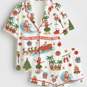 Women's Tropical Christmas Santa Hawaiian Aloha Holiday Short Sleeve Satin Family Pajama Set