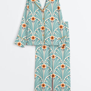 Women's Tropical Maximalist Emerald Green Fans Sunset And Leaves Flowers Long Sleeve Satin Pajama Set