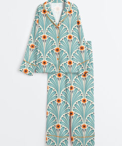 Women's Tropical Maximalist Emerald Green Fans Sunset And Leaves Flowers Long Sleeve Satin Pajama Set