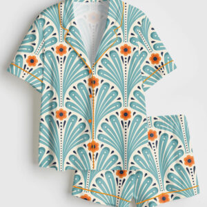 Women's Tropical Maximalist Emerald Green Fans Sunset And Leaves Flowers Short Sleeve Satin Pajama Set