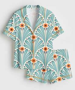 Women's Tropical Maximalist Emerald Green Fans Sunset And Leaves Flowers Short Sleeve Satin Pajama Set