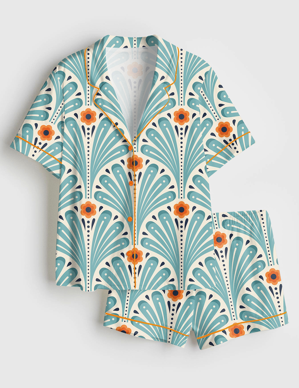 Womenâ€™s Tropical Maximalist Emerald Green Fans Sunset And Leaves Flowers Short Sleeve Satin Pajama Set