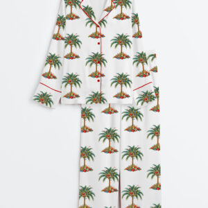 Women's Tropical Palm Christmas Tree Coastal Holiday Long Sleeve Satin Pajama Set