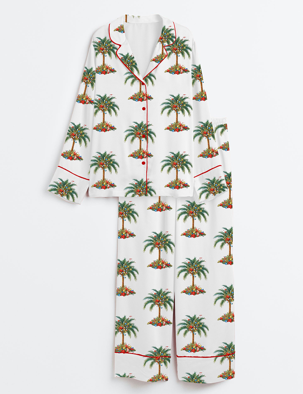 Women's Tropical Palm Christmas Tree Coastal Holiday Long Sleeve Satin Pajamas Set
