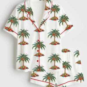 Womenâ€™s Tropical Palm Christmas Tree Coastal Holiday Short Sleeve Satin Pajama Set