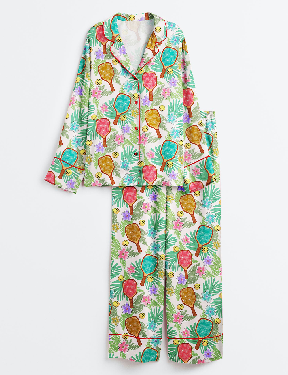 Womenâ€™s Tropical Pickleball Fun Vibrant Floral Game Day Sports Long Sleeve Satin Pajama Set