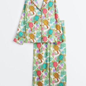 Women's Tropical Pickleball Fun Vibrant Floral Game Day Sports Long Sleeve Satin Pajamas Set