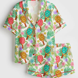 Womenâ€™s Tropical Pickleball Fun Vibrant Floral Game Day Sports Short Sleeve Satin Pajama Set