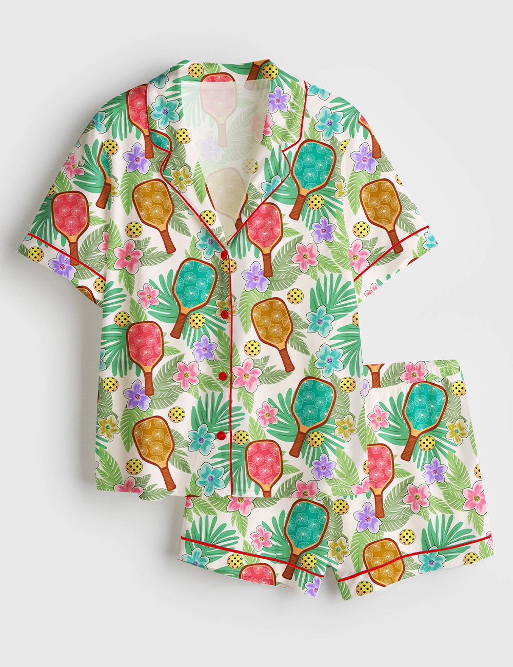 Womenâ€™s Tropical Pickleball Fun Vibrant Floral Game Day Sports Short Sleeve Satin Pajama Set