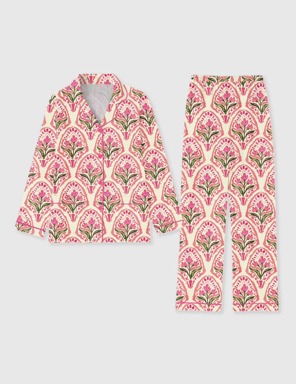Women's Tulip Flower Long Sleeve Pocket Cotton Pajamas Set