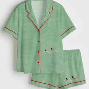 Womenâ€™s Two Girls Swimming Short Sleeve Satin Pajama Set