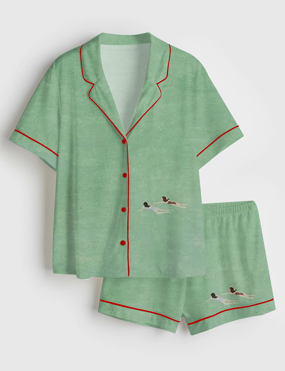 Womenâ€™s Two Girls Swimming Short Sleeve Satin Pajama Set