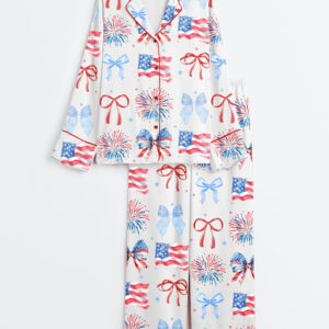 Womenâ€™s USA Coquette Bow Retro America 4th Of July Print Long Sleeve Satin Pajama Set
