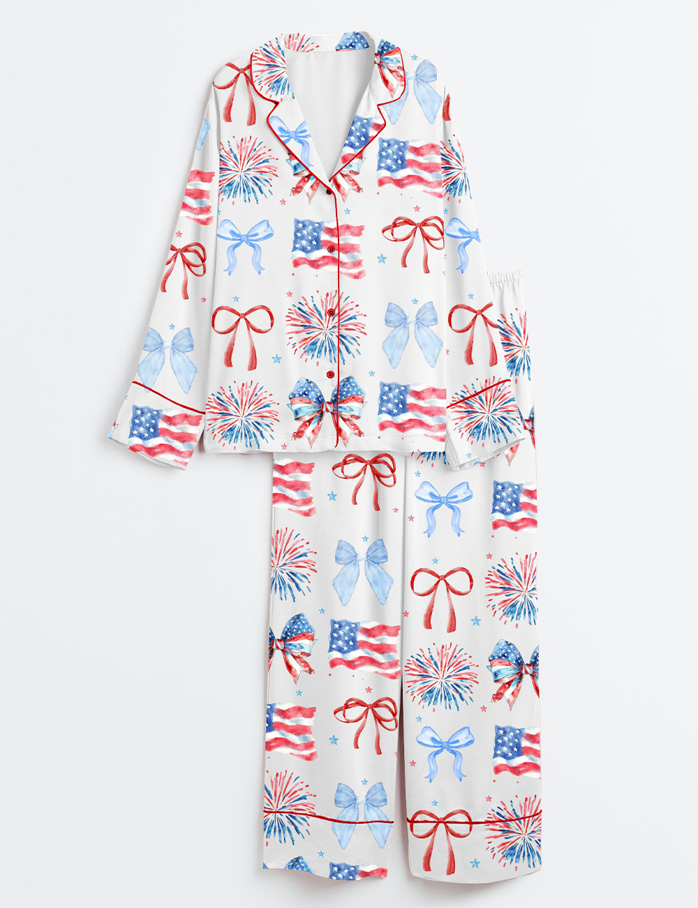 Womenâ€™s USA Coquette Bow Retro America 4th Of July Print Long Sleeve Satin Pajama Set