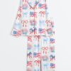 Women's USA Coquette Bow Retro America 4th Of July Print Long Sleeve Satin Pajamas Set