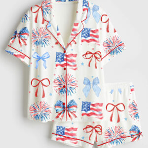 Women's USA Coquette Bow Retro America 4th Of July Print Short Sleeve Satin Pajama Set