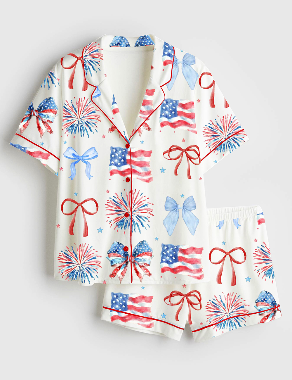 Womenâ€™s USA Coquette Bow Retro America 4th Of July Print Short Sleeve Satin Pajama Set