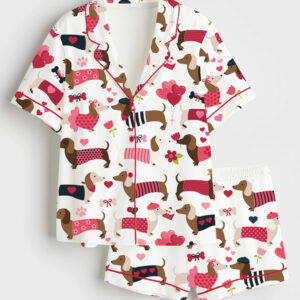 Women's Valentine Dachshund Dog Short Sleeve Satin Pajama Set