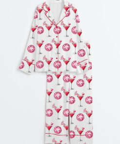 Women's Valentine's Day Cocktail Glass Long Sleeve Satin Pajamas Set