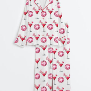Women's Valentine's Day Cocktail Glass Long Sleeve Satin Pajamas Set