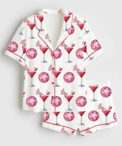 Women's Valentine's Day Cocktail Glass Short Sleeve Satin Pajama Set