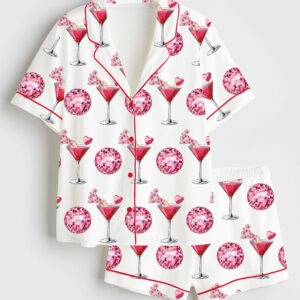 Women's Valentine's Day Cocktail Glass Short Sleeve Satin Pajama Set