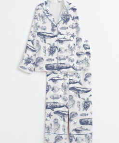 Women's Vintage 90s Sea Animals Fish Summer Beach Ocean Animals Sea Life Print Long Sleeve Satin Pajama Set