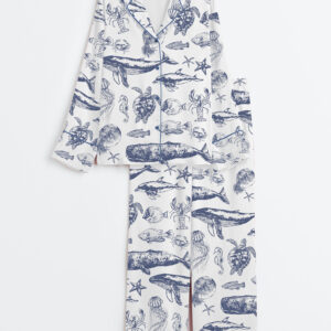 Women's Vintage 90s Sea Animals Fish Summer Beach Ocean Animals Sea Life Print Long Sleeve Satin Pajama Set