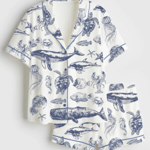 Women's Vintage 90s Sea Animals Fish Summer Beach Ocean Animals Sea Life Print Short Sleeve Satin Pajama Set