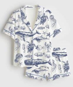 Women's Vintage 90s Sea Animals Fish Summer Beach Ocean Animals Sea Life Print Short Sleeve Satin Pajama Set